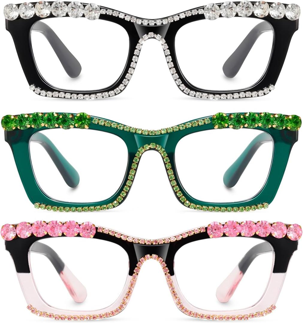 Hubeye Square Reading Glasses for Women Men Blue Light Blocking Computer Fashion Style Readers with Spring Hinge (Black+green+pink)