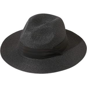 Lanzom Women Wide Brim Straw Panama Roll up Hat Fedora Beach Sun Hat UPF50+ (Large-X-Large, 02-fold Belt Black)