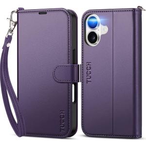 TUCCH Case Wallet for iPhone 17 (6.3") 2025, Wrist Strap, Stand, RFID Blocking, 4 Card Holder, TPU Shockproof Inner Shell, PU Leather, Magnetic Closure Folio Protective Cover, Deep Purple