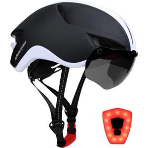 Shinmax Adult Bike Helmet,Bicycle Helmet with Removable Magnetic Goggles & USB Rechargeable LED Light Road Mountain Bike Helmet Adjustable Size Ultralight Cycling Helmet Men Women SM-T88 (Black, White)
