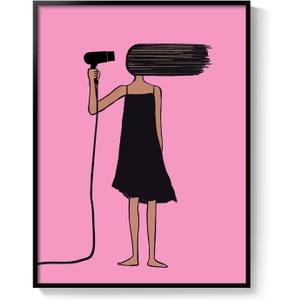 Framed Pink Bathroom Wall Art, Modern Minimalist Black Girl Cartoon Canvas Print, Quirky Pink and Black Woman Picture with Hair Dryer, Bathroom Decor Wall Art for Restroom Washroom Home, 12x16 Inch