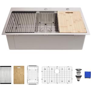 33x19 Drop In Kitchen Sink - Delironexu 16 Gauge Stainless Steel Sinks, 33 Inch Drop In Kitchen Sink Single Bowl, Top Mount Workstation Sinks with 6 Accessories Package (33x19x9 Topmount Workstation)