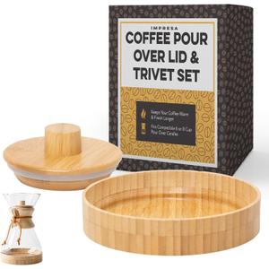 IMPRESA Coffee Pot Cover & Wooden Trivet Set - Chemex Compatible 6-Cup, 8-Cup Pour Over Carafe - Glass Maker Stand & Chemex Style Lid for Pour Over Coffee Systems
