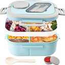 Adults Bento Lunch Box,Salad Container Large 43oz Salad Bowl, Bento-Style Tray for Toppings, 3oz Sauce Container for Dressings, and Built-In Reusable Fork (Blue)