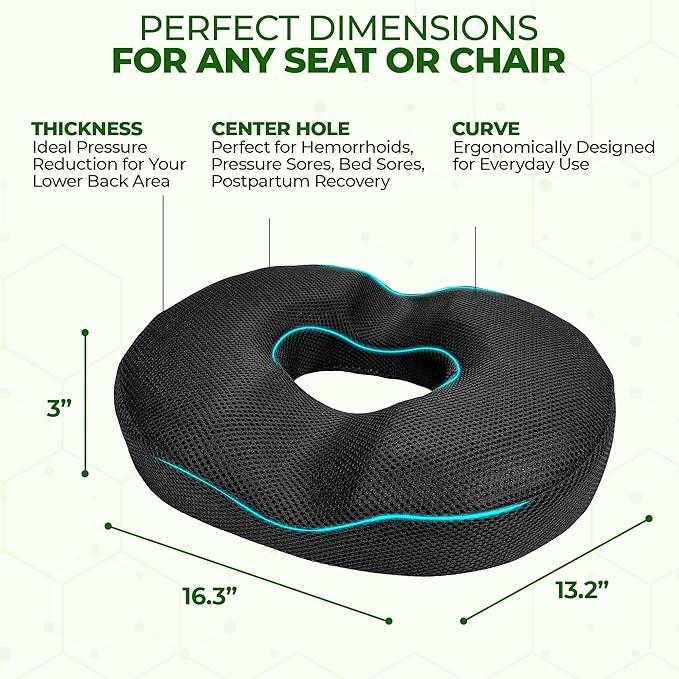 Donut Gel Sitting Pillow - Orthopedic Memory Foam for Tailbone Pain, Hemorrhoid, Bed Sores, Postpartum, Prostate, Coccyx & Sciatica Pain Black