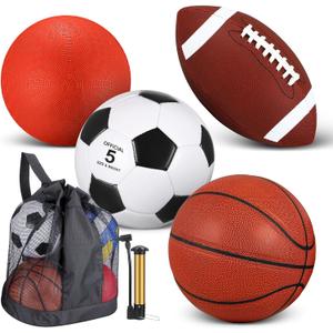Lenwen 4 Pcs Sports Balls Set, Include Official Size Basketball Soccer Football Playground Ball Pump Equipment Bag Recess Equipment Sport for Teen Adult Gift Back to School (Brownish Red)