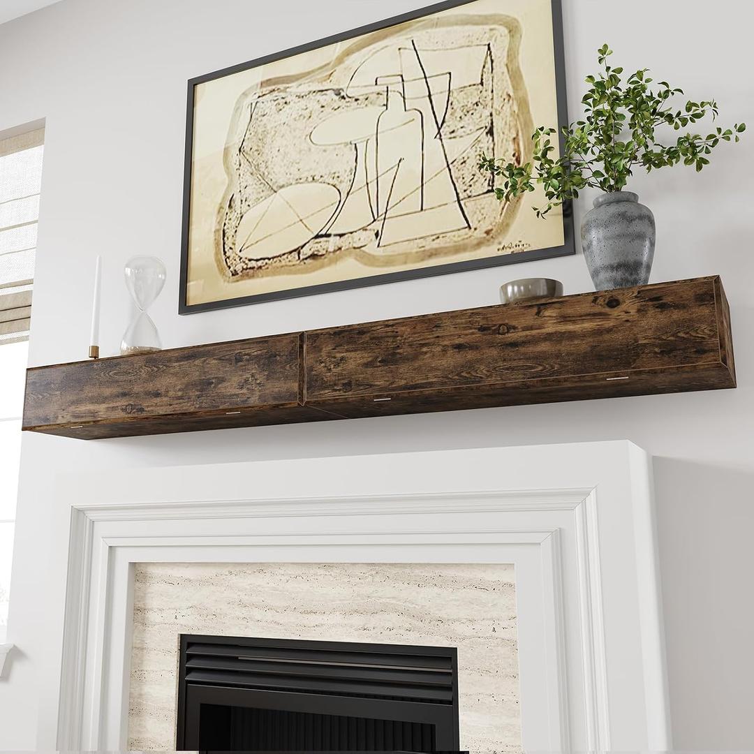 FINOSEN 72inch Fireplace Mantel Shelf with Hidden Storage MDF Wood Wall-Mounted Shelf, Farmhouse Floating Mantel for Fireplace or Living Room, DIY Assembly Required,Brown (72Lx8Dx7H)