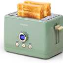 2 Slice Toaster, Retro Bread Toaster with LED Display, Extra Wide Slots Toasters with 6 Bread Shade Settings, Bagel, Cancel, Defrost Function, Stainless Steel with High Lift Lever, Removal Crumb Tray (Matcha Green)