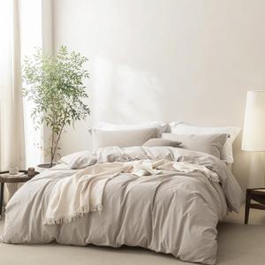 BDEAR 3 Pieces Cream Grey Duvet Cover Set King Size 104'' W x 90'' L, 100% Washed Cotton Duvet Cover with Zipper Closure Plus 2 Pillowcases, Oeko TEX Standard Certificated, Cozy Feel