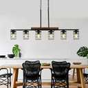 47.2" Farmhouse Kitchen Light Fixture, Black Hanging Kitchen Chandelier, 6-Light Rustic Dining Room Light Adjustable Height with Wood and Metal Frame, Suit for Farmhouse, Industrial Style