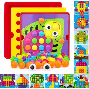 Button Art Toys for Toddlers, Color Matching Mosaic Pegboard for Age 3-5,Early Preschool Learning Activity Button Crafts Educational Toys, Fine Motor Skills Game, Gifts for Boys & Girls 3+ (bug)
