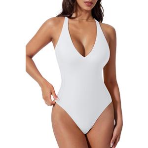 SUUKSESS Women Sexy Low Back One Piece Swimsuit Slimming Tummy Control Bathing Suit (White, M)