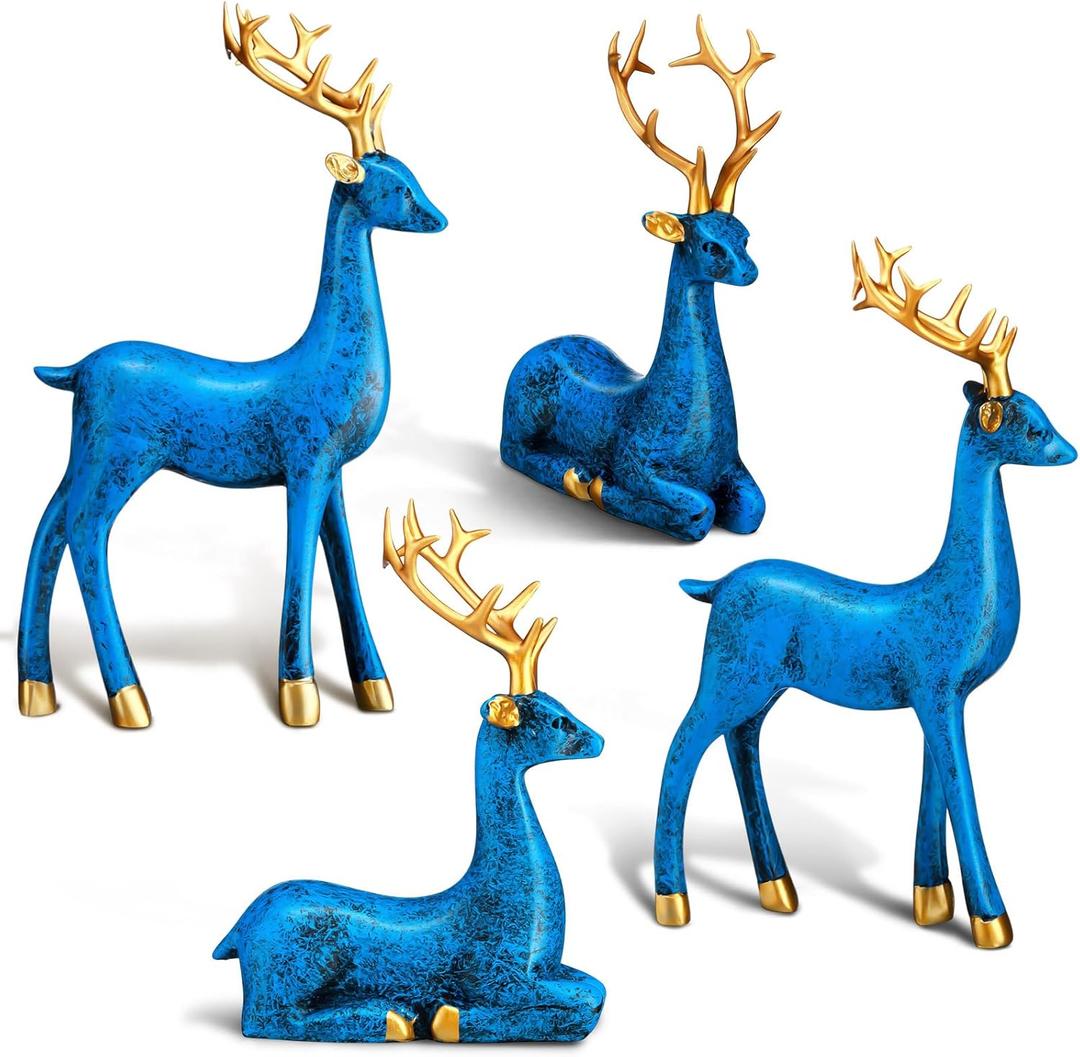 Thyle 4 Pcs Christmas Reindeer Decor Small Resin Standing Sitting Deer Figurine Mini Reindeer Christmas Table Decoration for Home Indoor Xmas Holiday Small Statue Rustic Table Decor(Blue, Gold)