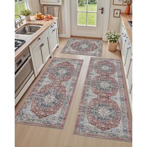 DEXI Kitchen Floor Mats 3 Pieces Non Slip, Washable Runner Rugs Absorbent,Thin Standing Carpet Soft Comfort for Sink Hallway Entryway Laundry Room Boho Decor, Red (24" x 36" + 24" x 60" + 24" x 84")