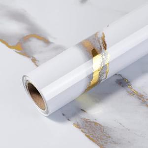 Yun-aeon Thick Marble Contact Paper for Countertops 15.7"x 78.7" - White and Gold Glossy Peel and Stick Wallpaper Self-Adhesive Removable Countertops for Kitchen Bathroom Cabinets, Set of 3
