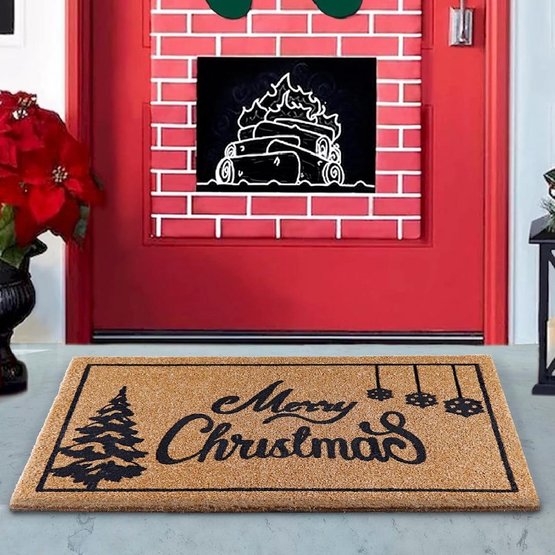 AerWo Merry Christmas Door Mat Outdoor Welcome Mats, Christmas Doormat with Thickened Non-Slip PVC Backing, 30 x 17 Inch Holiday Christmas Tree Coir Doormat for Entryway/Front Door
