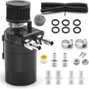 muge racing 400ml Oil Catch Can Kit Universal for Cars/Trucks, Baffled Aluminum Reservoir with Breather Filter & Accessories, 3/8" Fuel Line Included, Fits 5.7 Hemi/5.3 Silverado and More, Black
