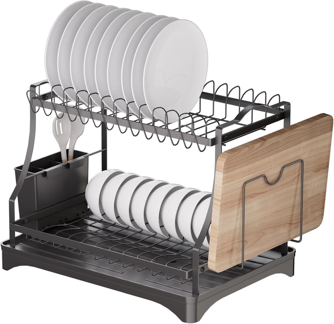 2-Tier Dish Rack with Drain Hole, Space Saving Kitchen Drainer and Organizer, Fits Cutlery, Plates and Cups, 16.5''L x 11.8''W x 12.8''H, Steel, Black