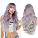 Vomella Ombre Purple Gray Wig with Bangs 26 Inch Long Curly Wavy Wig for Women Natural Looking Synthetic Heat Resistant Wig for Daily Party Use Halloween Wig : Beauty & Personal Care