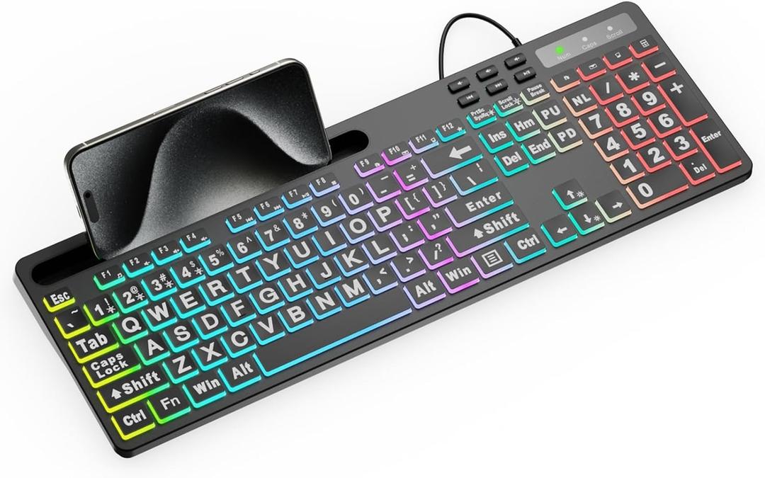 MARVO Large Print Backlit Keyboard, WK712 Wired Computer Keyboards with 7 Colors & 11 Modes Backlight, Tablet Phone Holder and Quiet Light Up Keys, Full-Size Gaming Keyboard for Windows, Mac