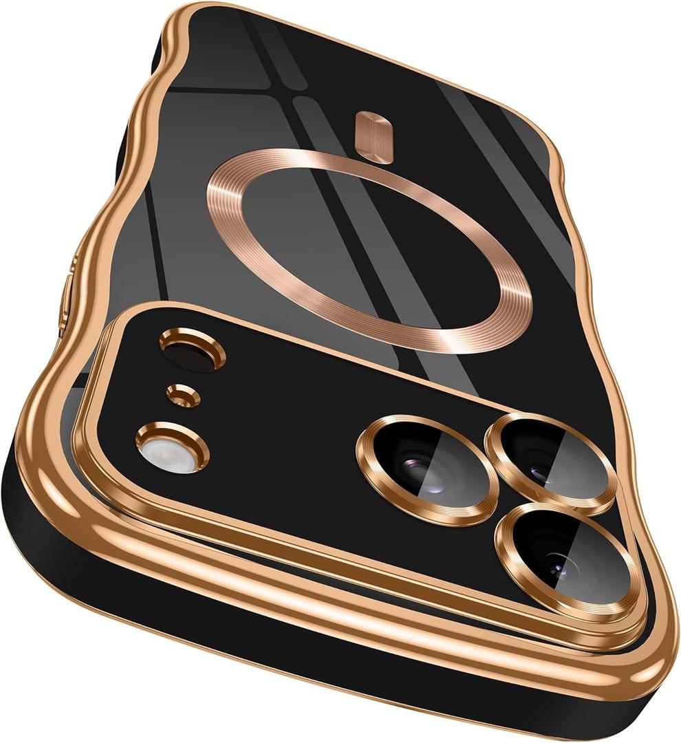 GVIEWIN for iPhone 17 Pro Case [Compatible with MagSafe][Upgraded Full Camera Protection][Cute Wave Frame] Glossy Slim Shockproof Protective Magnetic Phone Case for iPhone 17 Pro 6.3", Black