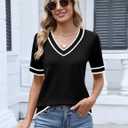 Rapbin Womens Short Sleeve Sweater Summer V Neck Tops Casual Knit Shirts Lightweight Pullover Top (Black, M)