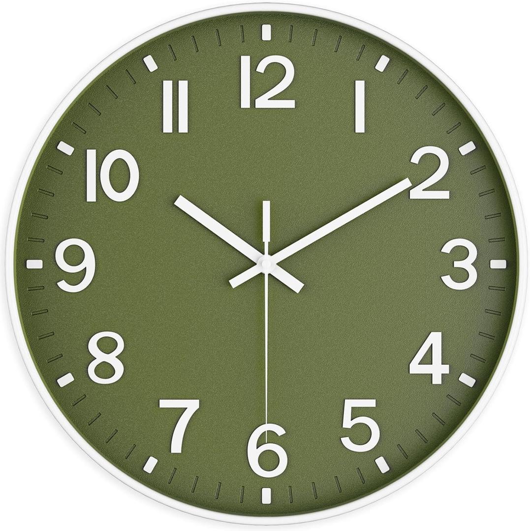 Silent Wall Clock Non-Ticking Battery Operated  Modern Olive Green Analog Wall Clock for Living Room, Kitchen, Office, Bedroom  Stylish Home Wall Decor Clock, 8 Inch