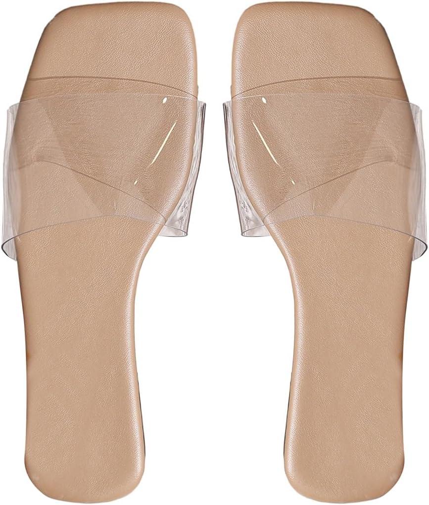 Verdusa Clear Sandals For Women Square Toe Slides Summer Slip On Flat Sandals (8, Apricot)