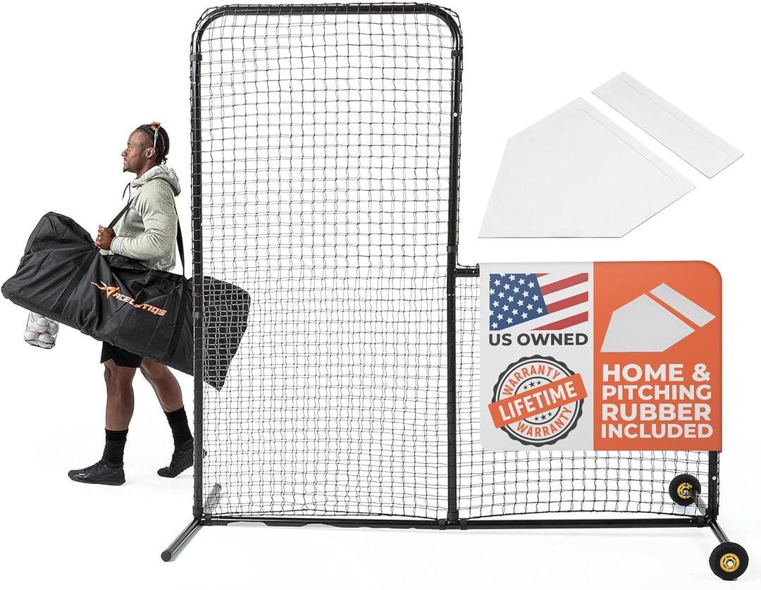 L Screen Baseball for Batting Cage | Baseball Pitching Net with Wheels-7 feet by 7 feet, 3.5 Inch by 3.5 Inch Cutout, Body Protector for Back Drive Lines Beisbol