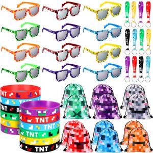 48 Pcs Pixel Miner Party Favors Pixelated Mining Birthday Party Supplies, Include 12 Pixel Miner Sunglasses, 12 Pixelated Theme Bracelet, 12 Pixelated Mining Keychains and 12 Pixel Mine Party Bag