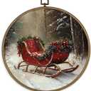 MAQIKA Vintage Christmas Sleigh Framed Wall Art Decor, Winter Christmas Round Wall Hanging Decor, Rustic Retro Winter Holiday Xmas Canvas Prints Wall Art for Home Living Room Bedroom, 10x10 Inch