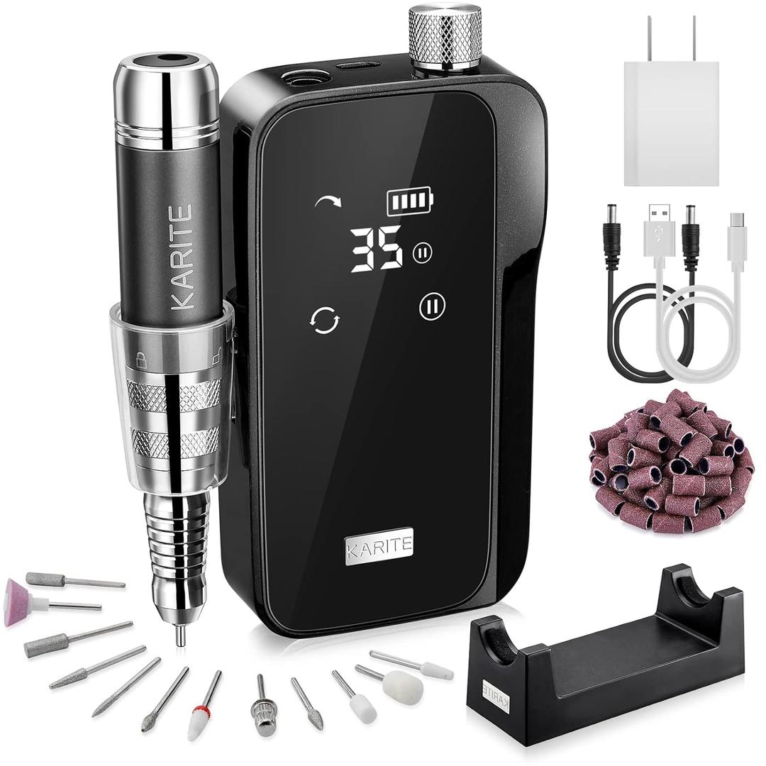 KARITE Nail Drill for Acrylic Nails Professional, 35000RPM Portable Nail File, Electric Nail Drill Machine 24H Working Time, Coreless Motor and 12 Bits, for Nail Art Manicure Pedicure, Low Noise (Bright Black)