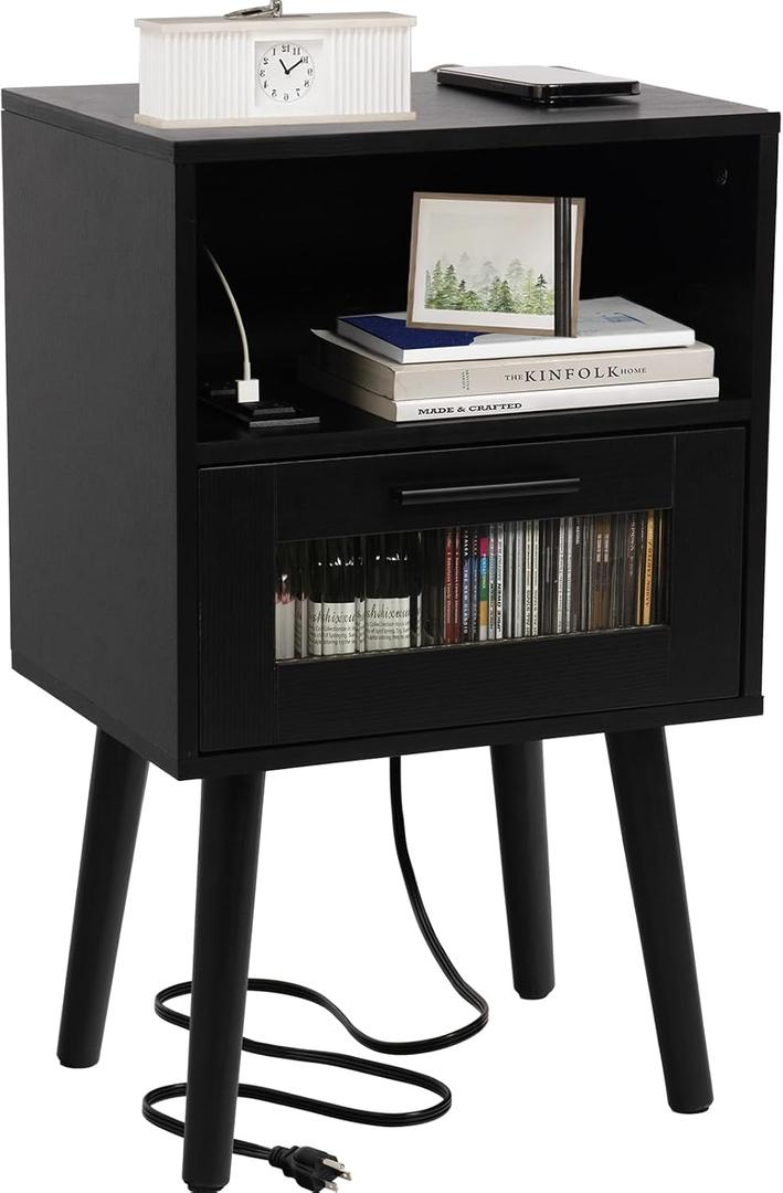 Modern Nightstand with Charging StationWooden Side Tables with Storage Drawers are Suitable for Many Occasionsfor Example, bedrooms, etc (Black-1PCS)