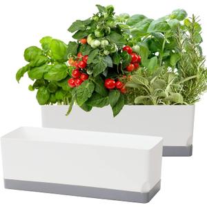 Self Watering Planters Pots for Indoor Plants, 2 Pack 17 Inch Plastic Planter Box Flower Pots for Indoor Outdoor Plants, Rectangle Herb Planter Window Boxes Planters with Drainage (Light Gray)