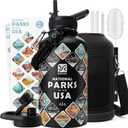 National Parks Water Bottle  64 oz Insulated Stainless Steel Bottle with 63 Hand-Drawn Park Stickers, Carrier Bag, Strap & Gift Box  BPA-Free  Ideal for Hiking, Camping & Travel (Advanced Black Park)