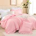 Litanika Pink Queen Comforter Set, 3 Pieces Ruffle Farmhouse Aesthetic Bedding Comforter Set, All Season Soft Lightweight Fluffy Microfiber Bed Set(90x90In Comforter, 2 Pillowcases)