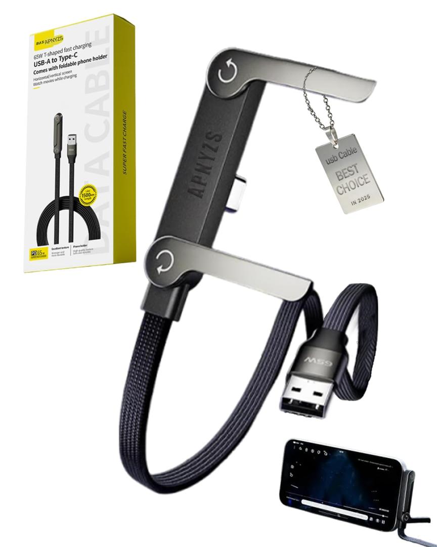 APKZS 65w Stand Data Cable Invisible Holder Flat Charger 2 in 1 USB-A-Tape C Charge Case Charging Sideways Standing Mount Side Horizontal Foldable Fast Multiple Braided Cables(65w/A-C)