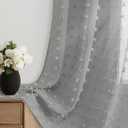Grey Sheer Curtains 84 Inches Long for Living Room Bedroom Boho Pom Pom Curtains 2 Panels Set, Back Tab Rod Pocket Curtain Easy to Install Semi Sheer Modern Aesthetic Drape,Grey 52x84