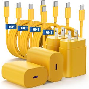 Essri Type C Charger Fast Charging for Samsung Galaxy S25/S24/S23/S22/Note 20,4Pack 25W Super USB C Fast Charger Block with (6ft+10ft) x2 Cables for iPhone 15/16 Pro Max/Plus, Android Phones-Yellow (4Pack 6Feet+10Feet)