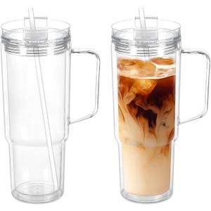 2 Pack 40 Oz Acrylic Tumbler with Handle, Double Wall Reusable Plastic Coffee Cups with Lids and Straws, BPA Free Clear Travel Mug Cup for Juice, Milk, Smoothie, Soda
