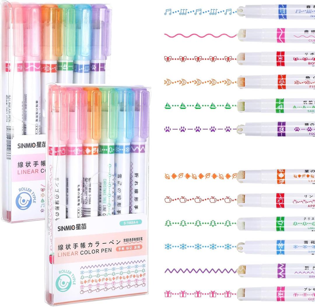 12 Pcs Magic Border Pens,Stamp Markers Pens,Different Line colored curve pens for Drawing Note Taking, Journaling Handwriting, Tip Roll Drawing Decorative Lines