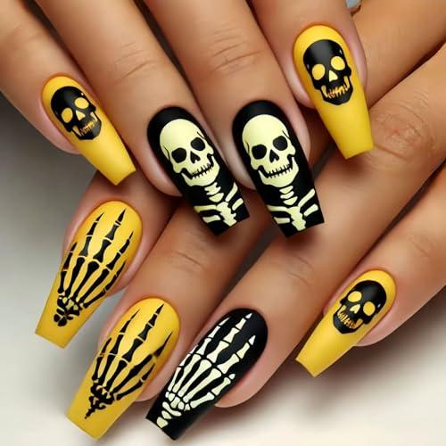 QQPPOLIU 2025 Halloween Press on Nails Long Coffin Fake Nail with Holiday Design for Women 24pcs Pattern 03