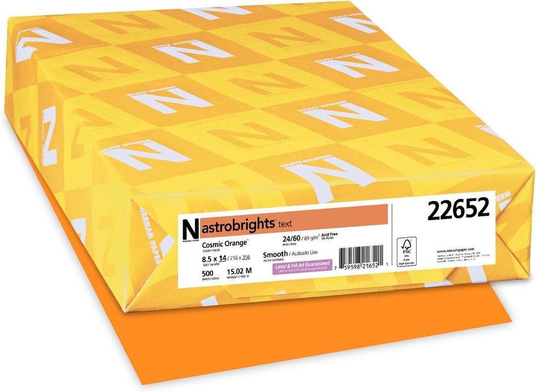 Neenah Astrobrights Color Paper, 8.5 x 14, 24 lb/89 GSM, Cosmic Orange, 500 Sheets (22652)