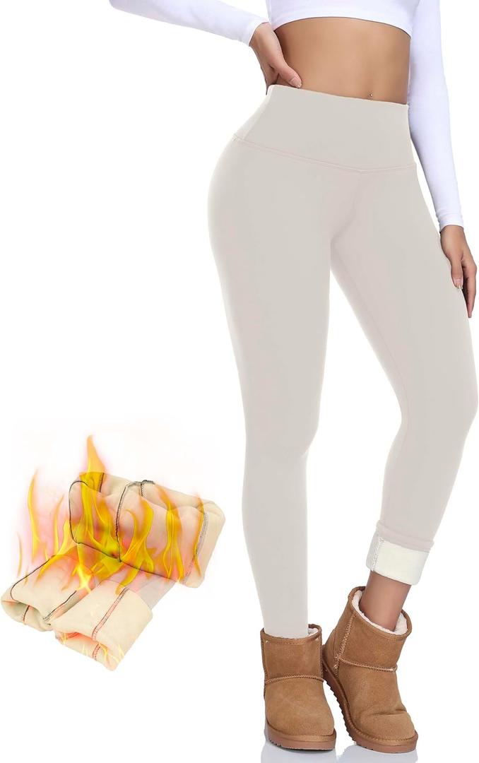 NEW YOUNG Thick Fleece Lined Leggings Women-High Waisted Winter Thermal Warm Yoga Pants Tummy Control (Large, 5-ivory)
