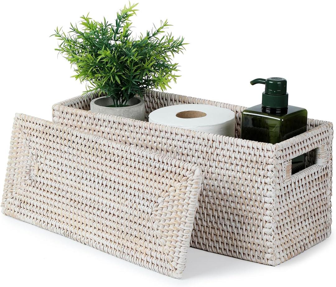 YANGQIHOME Toilet Paper Basket, Rattan Toilet Tank Basket for Bathroom, Wicker Baskets with Lid for Storage, Whitewash