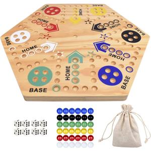 Original Marble Game Wahoo Board Game 20-Inch Double Side Painted Wooden Fast Track Board Game for 6 Player and 4 Player, 6 Colors 36 Glass Marbles 8 Dice for Family Game Night, Friends Party