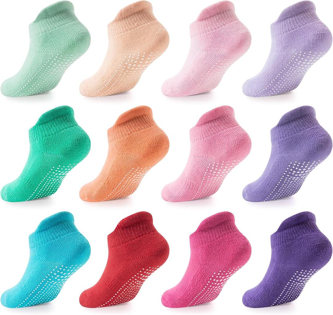 LA ACTIVE Non Slip Grip Ankle Boys and Girls Socks with Non Skid for Babies Toddlers and Kids Back to School (1-3T, Pinks - 12 Pairs)