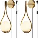 Modo Lighting Glass Ball Wall Sconce Plug in Mid Century Modern Drop Design Wall Light Brushed Brass Gold Wall Lamps for Bedside Living Room (with Plug in 2 Pack) Gold+white-2pc-Plug In