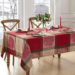Elrene Home Fashions Prestige Poinsettia Jacquard Woven Cotton Christmas/Holiday Rectangle Tablecloth, 60"x102"