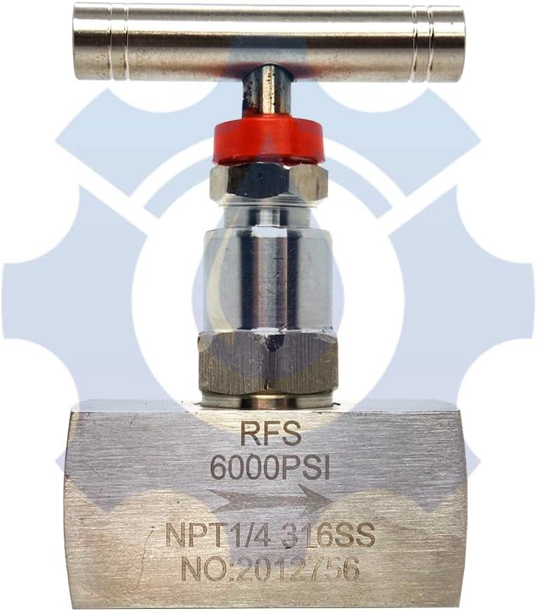 RFS Stainless Steel 316 Straight Needle Valve, 1/4" NPT Female Connection, up to 6000 PSI, 2 Port Heavy Duty Industrial Hydraulic Flow Control Valve for Piping Needs